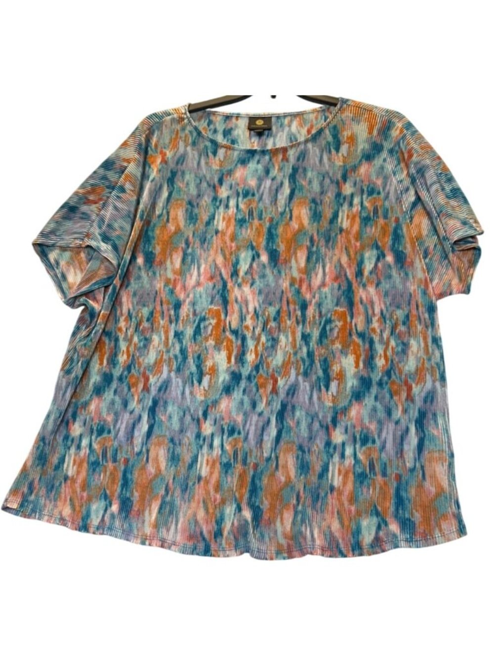 JM Collection 1X Multicolor Pleated Short Sleeve Top Etched Glass Pattern flowy - Picture 2 of 12